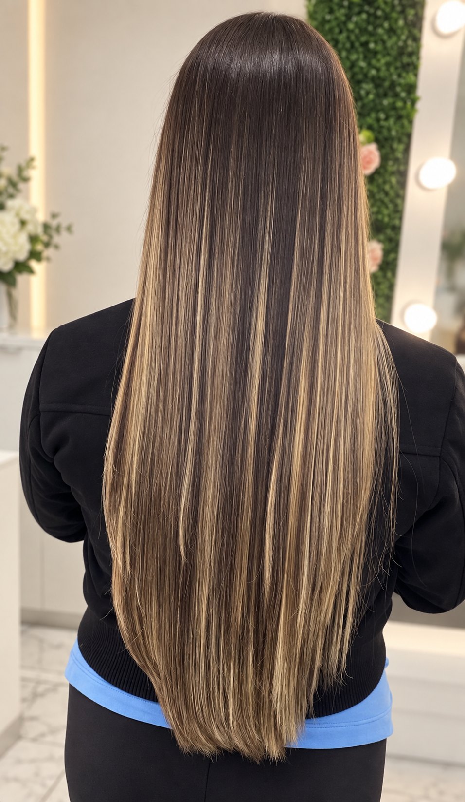 Cabelo castanho longo com mechas iluminadas nas pontas e finalização lisa