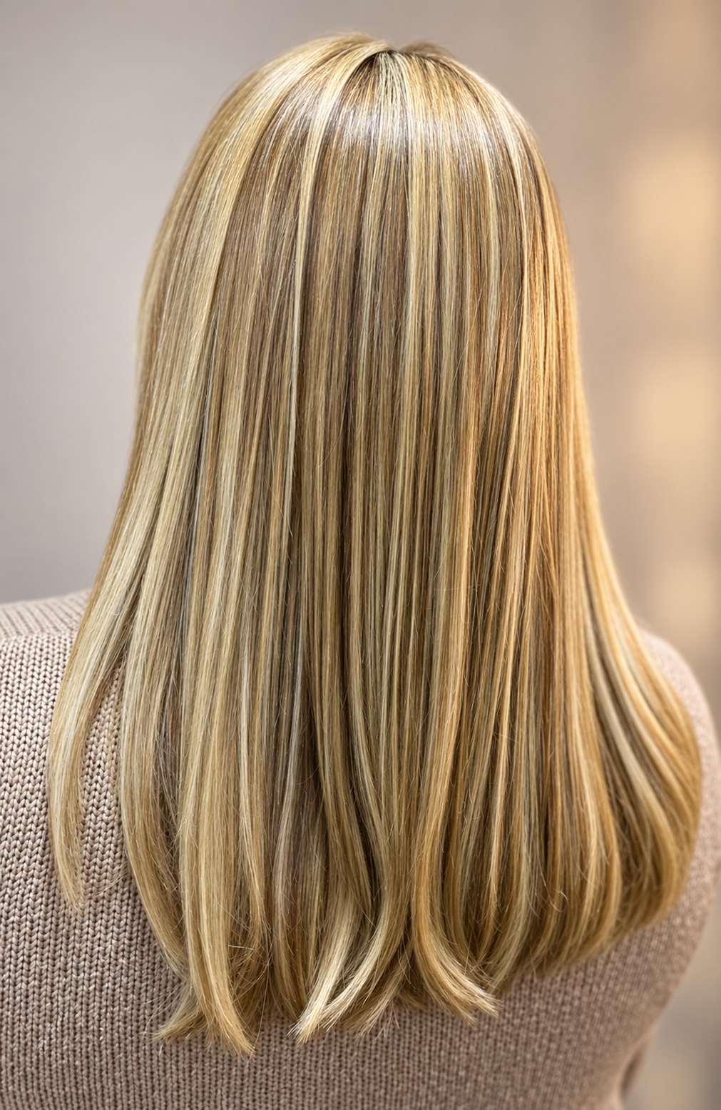 Cabelo loiro com luzes e mechas iluminadas, finalizado liso e com brilho