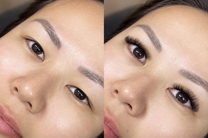 Antes e depois de extensão de cílios em volume, com o olhar mais aberto
