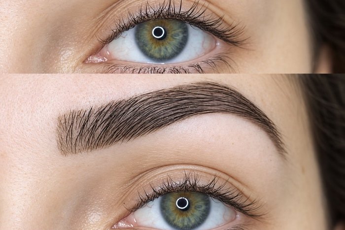 Antes e depois de um design de sobrancelhas feito na pinça, com o formato redesenhado